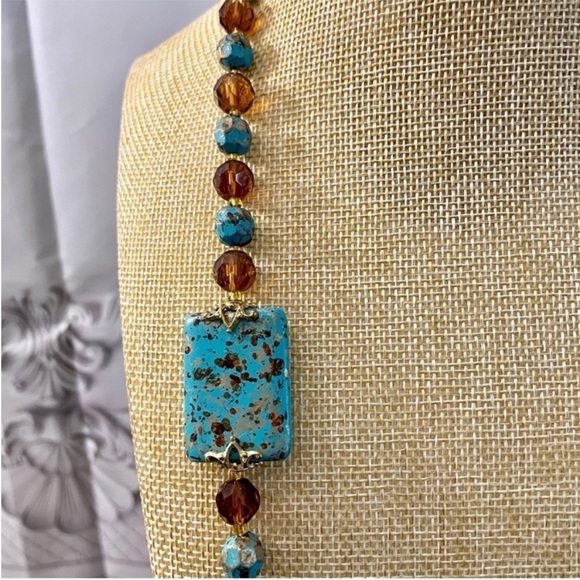 Vintage Joan Rivers Blue Turquoise & Smoky Topaz Gold Necklace - Picture 10 of 10